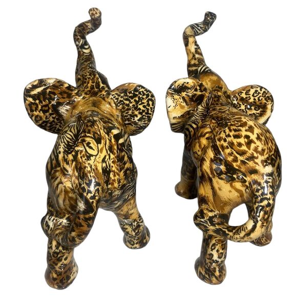 Lot of 2 La Vie Trunk Up Elephant Figurine Safari Animal Print Patchwork Ceramic - Picture 8 of 17